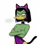 accessory anthro bags_under_eyes beak black_hair bow_tie breasts bunny_costume cat_tail clothed clothing costume crossed_arms dialogue disney ducktales ducktales_(2017) eyebrows eyeliner fake_cat_ears fake_ears feathers female frown furrowed_brow green_body green_feathers green_nipples green_skin hair hair_accessory hairband highlights_(coloring) holding_breast makeup narrowed_eyes nipples non-mammal_breasts non-mammal_nipples orange_legs short_hair simple_background solo speech_bubble white_background yellow_eyes cloud9999 magica_de_spell anatid anseriform avian bird duck hi_res portrait three-quarter_portrait