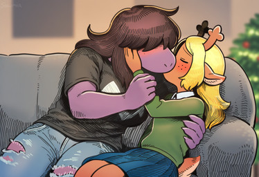 5_fingers anthro antlers black_clothing black_shirt black_topwear blonde_hair blue_bottomwear blue_clothing blue_skirt blurred_background blush bottomwear brown_hair christmas_tree clothed clothing denim denim_clothing duo eyes_closed female female/female fingers freckles front_view fully_clothed fully_clothed_female furniture green_clothing green_sweater green_topwear hair hand_on_face holding_partner horn inside jeans leaning leaning_forward messy_hair obscured_eyes pants plant romantic shirt short_tail skirt sofa sweater topwear torn_bottomwear torn_clothing torn_jeans torn_pants tree sawmill deltarune undertale_(series) noelle_holiday susie_(deltarune) novelai portrait signature three-quarter_portrait