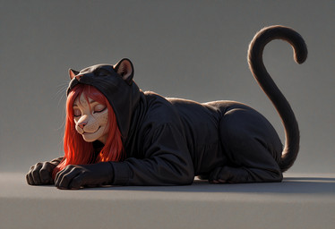 anthro clothed clothing costume eyes_closed female fur hair kigurumi lying paws pink_nose red_hair semi-anthro simple_background sleeping smile solo whiskers crashbandit domestic_cat felid feline felis mammal pantherine comfyui_(software) digital_media_(artwork) nai-diffusion-4-full_(model) novafurryxl_(model) prompt_metainfo
