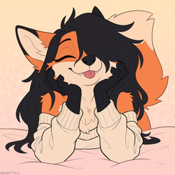 anthro bed black_hair black_nose blep canine_nose chest_tuft claws clothed clothing countershade_fur countershading cute_fangs dipstick_ears dipstick_tail eyes_closed female fingers fur furniture hair hair_over_eye hand_on_head happy long_hair lying makeup markings mascara multicolored_body multicolored_ears off_shoulder on_bed on_front one_eye_obstructed orange_body orange_fur simple_background smile solo sweater tail_markings tongue tongue_out topwear tuft asp791_(director) reyn_(asp791) canid canine canis fox mammal absurd_res hi_res signature