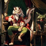 anthro black_nose blue_eyes body_hair chest_hair clothing felid green_clothing hi_res jewelry male mammal necklace nekomatasaren red_clothing sitting solo white_body