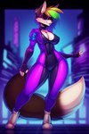 anthro breasts brown_body brown_fur canid canine city city_background cleavage clothed clothing cyberpunk digitigrade eyewear female fingerless_gloves fox fur futuristic gloves hair handwear isengrim mammal multicolored_hair nipple_outline pose purple_clothing rainbow_hair skinsuit solo tight_clothing wide_hips