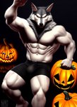 abs anthro bulge canid canine canis clothed clothing food fruit fur grey_body grey_fur halloween jack-o'-lantern male mammal muscular muscular_anthro muscular_male navel nipples plant pumpkin red_eyes solo tesseract_(director) underwear underwear_only white_body white_fur wolf