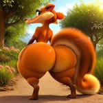 ambiguous_gender big_butt blue_eyes butt butt_focus feet feral flower fur huge_butt looking_at_viewer looking_back looking_back_at_viewer orange_body orange_fur plant rear_view sharp_teeth solo tail teeth thick_thighs tree feeblebass ice_age_(series) scratte_(ice_age) mammal rodent saber-toothed_squirrel