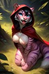 anthro black_hair blue_eyes breasts exposed_breasts female fluffy fluffy_tail forest forest_background fur hair hood kneeling kneeling_on_ground long_hair looking_at_viewer looking_up nature nature_background nipples nude outside pink_body pink_fur plant prompt purple_stripes red_cape seductive solo striped_body striped_fur stripes tongue tongue_out tree secretyiff little_red_riding_hood shaley_(secretyiff) felid mammal pantherine tiger