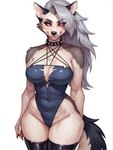 abs anthro big_breasts black_clothing black_legwear black_thigh_highs blush breasts chest_tuft claws cleavage clothed clothing collar eyebrows eyelashes female fur glistening grey_body grey_fur grey_hair hair highleg legwear leotard long_hair looking_at_viewer multicolored_body multicolored_fur narrowed_eyes navel_outline notched_ear red_sclera shy simple_background solo spiked_collar spikes standing thick_thighs thigh_highs tight_clothing torn_clothing tuft white_background white_body white_eyes white_fur wide_hips anonymous_director loona_(helluva_boss) canid canid_demon canine demon hellhound mammal hi_res