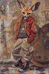 anthro baggy_clothing brown_eyes clothing footwear graffiti hoodie jacket jewelry male necklace paint_splatter shoes sneakers solo streetwear topwear whiskers bahufaru kafeel_scirocco_(bahufaru) canid canine fennec fox mammal hi_res