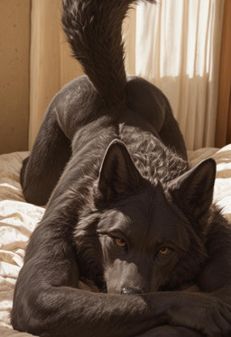 anthro ass_up bed bed_sheet bedding bedroom black_nose dark_body dark_fur dark_skin fur furniture inside looking_at_viewer lying lying_on_bed male neck_tuft nude nude_anthro nude_male on_bed on_front photorealism prick_ears raised_tail solo tail_up tuft yellow_eyes gray_wlf canid canine canis mammal wolf hi_res