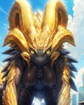 anthro areola big_breasts breasts detailed_background elder_dragon female horn kulve_taroth looking_at_viewer monster_hunter nipples non-mammal_breasts nude scalie size_difference smile solo yellow_eyes