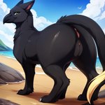 anus avian beach beak black_beak black_body black_fur claws digitigrade director_motherli felid female feral fur genitals green_eyes gryphon hi_res hybrid mammal mythological_avian pantherine plump_labia pussy seaside solo thick_thighs toe_claws wide_hips