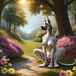 absurd_res anthro canid canine canis director_cougar domestic_dog female flower forest fur great_dane hi_res lawn light mammal mastiff molosser nipples open_pussy path plant solo spots spotted_body spotted_fur spread_legs spreading sunlight tree white_body white_fur