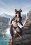 4_toes 5_fingers ai_tagging_(redrocket) anthro bent_over bikini black_body black_fur black_hair blue_eyes bra breasts claws cliff clothed clothing cloudy day detailed_background digitigrade feet female fingers fur grey_body grey_fur hair lake leaning_on_rock long_hair mountain mountains navel outside panties plant rock sky smile solo standing swimwear teal_eyes toes tree underwear water waterfall director_crashbandit mammal mouse murid murine rodent tail digital_media_(artwork) hi_res novelai