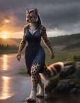 anthro clothed clothing cloud digitigrade dress female fluffy fluffy_tail markings raining rock solo sunset walking water wet wet_body gopossum felid mammal absurd_res hi_res