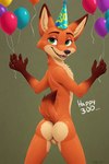 animal_genitalia anthro balloon balls butt clothing disney fur genitals green_eyes hat headgear headwear inflatable looking_at_viewer looking_back male nude party party_hat presenting raised_tail simple_background smile smiling_at_viewer solo text zootopia angry_puppy nick_wilde canid canine fox mammal hi_res