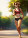 anthro bottomwear bra clothing female fur gym_bottomwear gym_clothing gym_shorts happy jogging outside shorts smile solo sports_bra underwear walking yellow_body yellow_fur trake_legend bird_dog canid canine canis domestic_dog golden_retriever hunting_dog mammal retriever absurd_res hi_res