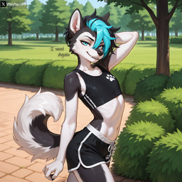 anthro black_body black_fur black_hair blue_hair bra clothing crop_top dialogue dolphin_shorts female flat_chested fluffy fluffy_tail footprint fur hair looking_at_viewer navel outside park pawprint punk_hair shirt smirking_at_viewer solo sports_bra talking_to_viewer text topwear underwear weytani99 skye_(weytani99) canid canine canis domestic_dog husky mammal nordic_sled_dog spitz