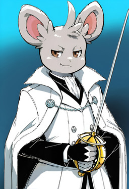 4_fingers anthro black_clothing black_dress_shirt black_gloves black_handwear blade blue_background brown_eyes cape chain clothed clothing confident dress_shirt fingers fluffy_ears formal_clothing fully_clothed fur gloves gradient_background grey_body grey_fur hair handwear holding_object holding_sword holding_weapon humanoid_hands looking_at_viewer male melee_weapon multicolored_body nose pink_inner_ear quincy_(bleach) quincy_clothes rapier round_ears scarf shirt simple_background smile smirk solo standing suit suit_jacket sword sword_handle topwear tuft uniform weapon white_cape white_clothing white_topwear ocito bleach_(series) nintendo pokemon dustin_linteaux generation_5_pokemon minccino pokemon_(species) colored digital_media_(artwork) half-length_portrait hi_res krita_(artwork) portrait sketch