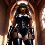 1:1 anthro bovid bovid_horn bovine bovine_horn brown_body brown_fur cattle clothing colored detailed dominant dominant_female female fur hair hi_res horn latex latex_armwear latex_clothing latex_pants long_ears low-angle_view mammal multicolored_body multicolored_fur ocillet riding_crop seductive smile smirk solo topwear two_tone_body two_tone_fur whip