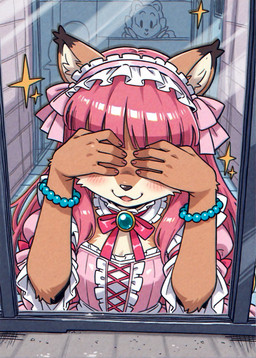 1990s anthro bracelets brooch close-up covering covering_eyes covering_face female fluffy hair headdress hime_cut lace lolita_(fashion) outside pink_hair solo solo_focus sparkles holo_(director) mammal rodent sciurid absurd_res hi_res