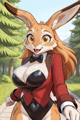 animal_ears anthro big_ears big_eyes black_clothing blonde_hair bouncing_breasts bow_tie branch breasts clenched_teeth clothed clothing eyebrows eyelashes eyes_closed facial_markings female fur grass grok_imagine hair hands head_markings inner_ear_fluff large_breasts looking_at_viewer markings navel neck_tuft one_eye_closed open_mouth path plant rabbit_ears red_clothing scut_tail short_tail shrub sleeves smile smiling_at_viewer snout solo tail teeth tree tuft walking_towards_viewer white_body white_fur white_tail wide_hips wink winking_at_viewer yellow_body yellow_fur snafuw lagomorph leporid mammal rabbit 2026 animated hi_res novafurryxl_(model) short_playtime webm