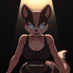 anthro black_background blue_eyes clothing female gale_(beat_banger) glowing glowing_eyes looking_at_viewer simple_background smile smirk solo teeth leyendas_arts canid canine mammal raccoon_dog tanuki hi_res