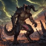 anthro balls bodily_fluids claws desert erection feral genital_fluids genitals green_eyes green_sky horn humanoid_genitalia humanoid_penis looking_at_viewer male nude penis precum radiation rock scales solo wasteland thunderwolf fallout deathclaw lizard reptile scalie absurd_res hi_res