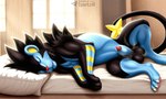 animal_genitalia balls bed black_body black_fur blue_body blue_fur bodily_fluids claws dripping feral fur furniture genital_fluids genitals inside lying male markings muscular muscular_feral muscular_male musk musky_balls on_bed on_side pawpads paws penis penis_tip pink_pawpads precum precum_drip quadruped sheath sleeping spread_legs spreading text whiskers white_claws yellow_markings sergalbutt nintendo pokemon generation_4_pokemon luxray pokemon_(species) detailed signature url