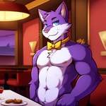 anthro blue_eyes five_nights_at_freddy's frosting.ai fur jewelry male necklace nipples purple_body purple_fur solo candougie nightmare_at_charle's ashley_(nightmare_at_charle's) domestic_cat felid feline felis mammal