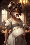 angry anthro brown_body brown_eyes brown_fur brown_hair clothing dress female fur hair hair_bun kitchen medieval messy_hair peasant pregnant solo white_clothing white_dress window mecha_froggy canid canine canis domestic_dog mammal absurd_res hi_res