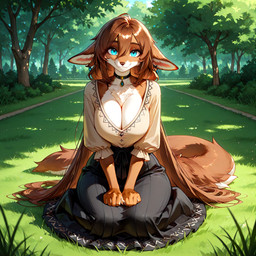 anthro big_breasts blue_eyes bottomwear breasts brown_body brown_fur brown_hair chest_tuft choker cleavage clothed clothing day ear_piercing ear_ring female fur grass hair jewelry kneeling long_tail looking_at_viewer necklace outside park piercing plant prompt ring_piercing shrub skirt smile solo tree tuft very_long_hair white_body white_fur ejtech unknown_species 2025 hi_res