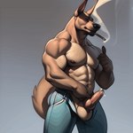 animated anthro balls bodily_fluids canid canine canis clothed clothing domestic_dog genital_fluids genitals joachim58 knot male mammal penis seductive smoking solo topless