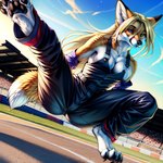 anthro baggy_clothing clothing crowd female group overalls pose solo sport zero_gravity reyneke niko canid canine fox mammal