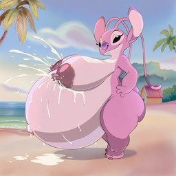 anthro beach belly big_belly big_breasts big_butt blue_sky bodily_fluids breasts butt cloud detailed_background female hands_on_hips huge_breasts huge_butt hyper hyper_belly hyper_pregnancy lactating looking_at_viewer navel outside palm_tree plant pregnant pregnant_female sand seaside shore sky smile smirk solo standing sun tree white_cloud disney lilo_and_stitch angel_(lilo_and_stitch) alien experiment_(lilo_and_stitch) novelai