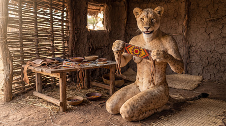 anthro beads breasts female hut kneeling_on_ground nipples photorealism smile smiling_at_viewer solo teats tribal_clothing tribalcat felid lion mammal pantherine hi_res