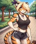 5_fingers accessory anthro athletic_wear blonde_hair bottomwear bra breasts cleavage clothed clothing countershading detailed_background eyebrows eyelashes female fingers fur green_eyes gym_bottomwear gym_clothing gym_shorts hair hair_over_eye hand_on_hip jewelry looking_at_viewer midriff navel necklace one_eye_obstructed orange_body orange_fur outside park park_bench plant shirt shorts smile solo sports_bra standing striped_body striped_fur stripes tank_top topwear tree underwear anontk twokinds iris_(twokinds) felid mammal pantherine tiger hi_res shaded