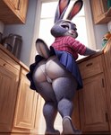 anthro big_butt bottomwear butt camel_toe clothed clothing female kitchen looking_at_viewer looking_back looking_back_at_viewer looking_down_at_viewer low-angle_view mature_female panties raised_bottomwear raised_clothing raised_skirt scut_tail short_tail skirt solo thick_thighs underwear upskirt zootopia director_lerrmot bonnie_hopps lagomorph leporid mammal rabbit hi_res