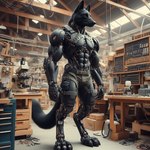 anthro black_body black_fur canid canine canis domestic_dog fur german_shepherd hardfurry herding_dog machine male mammal muscular pastoral_dog robot solo standing tools workshop