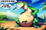 after_vore belly big_belly blue_eyes breath breath_cloud burping day feral green_body green_scales hand_on_stomach jungle male scales sky solo vore loganth dinosaur reptile scalie comic hi_res