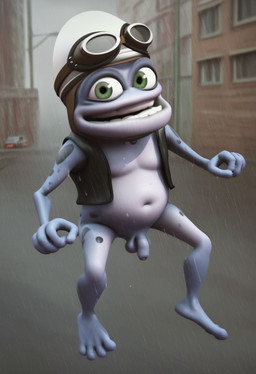 4_fingers anthro armor balls bottomless bottomless_male city clothed clothing eyewear eyewear_on_head fingers flaccid floating foreskin genitals glans goggles goggles_on_head green_eyes headgear helmet humanoid_genitalia humanoid_penis jacket leather leather_clothing leather_jacket leather_topwear looking_at_viewer male mostly_nude navel open_mouth partially_retracted_foreskin penis small_balls small_penis smile smiling_at_viewer solo topwear boxen549 jamba mach1_records_gmbh crazy_frog amphibian frog hi_res