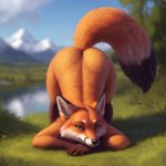 ambiguous_gender anthro ass_up butt canid canine fox hi_res mammal outdoors outside presenting presenting_hindquarters raised_tail seductive smile solo solo_focus unknown_director