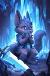 ambiguous_gender blue_background blue_eyes cave clothing crystal ears_up feral fluffy fluffy_tail fuzzy_logic hi_res mammal melee_weapon rodent scared sciurid simple_background solo sword topwear weapon