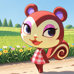 anthro blue_eyes checkered_clothing chibi clothed clothing female field flower grass looking_aside mirakelpung pattern_clothing plant animal_crossing nintendo pecan_(animal_crossing) mammal rodent sciurid