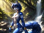 anthro blue_body blue_fur breasts butt canid canine detailed detailed_background detailed_fur female fluffy fluffy_tail fox fur hi_res jewelry jungle light light_beam looking_at_viewer mammal mercrantos nipples smile solo sunbeam sunlight tattoo walking waterfall