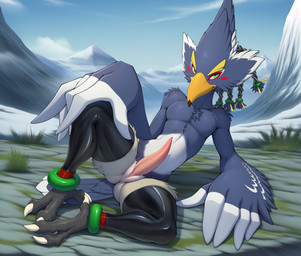 anthro clothing genitals leggings legwear male mountains penis smile solo lightning7 revali avian absurd_res hi_res