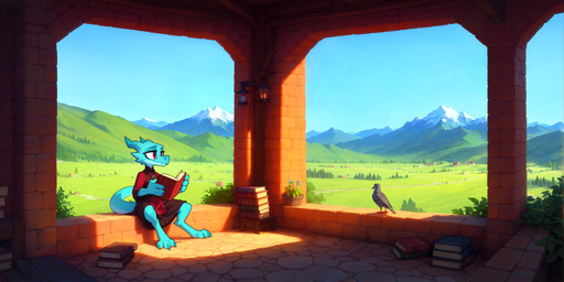 3_toes 4_fingers anthro blue_body blue_sky book bottle duo feathers feet female feral fingers fur grey_body grey_feathers holding_book holding_object horn inside lamp landscape lantern looking_at_another medieval medieval_clothing mountains nature nature_background plant_pot red_eyes shelf sitting sky toes adragocult avian bird furred_kobold kobold hi_res