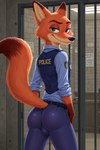 anthro blush bulge butt clothing disney fur genitals green_eyes looking_at_viewer looking_back male police_uniform presenting raised_tail simple_background smile smiling_at_viewer smirk solo uniform zootopia angry_puppy nick_wilde canid canine fox mammal hi_res