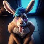 absurd_res anthro bodily_fluids cum cum_in_mouth cum_inside cum_on_face genital_fluids hi_res kneeling lagomorph leporid male mammal nude pup_tobey rabbit solo tongue tongue_out