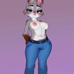 2023 anthro big_breasts big_ears bottomwear breasts clothed clothing denim denim_clothing disney female grey_body hi_res jeans judy_hopps lagomorph leporid mammal nameynamename nipples pants pink_nipples purple_eyes rabbit seductive short_stack side_boob simple_background solo wide_hips zootopia