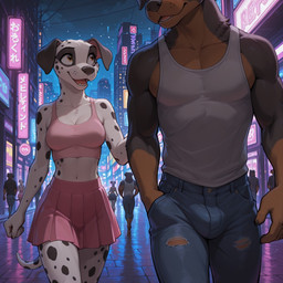 anthro athletic athletic_male black_body black_fur bottomwear breasts brick_road brown_body brown_eyes brown_fur bulge city cleavage clothed clothing cloud crop_top denim denim_clothing duo faceless_character faceless_male female front_view fur hand_in_pocket jeans looking_at_another looking_at_partner looking_up male male/female medium_breasts midriff neon_lights night open_mouth outside pants pleated_skirt pockets shirt skirt sky skyscraper smile tank_top text topwear torn_clothing walking white_body white_fur randomguy1804 background_character canid canine canis dalmatian domestic_dog mammal mastiff molosser rottweiler 2025 hi_res japanese_text