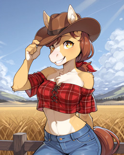 amber_eyes anthro bottomwear breasts clothing cowboy_hat denim denim_clothing female field fluffy fur hair hat headgear headwear jeans mountains navel pants sky smile solo tied_hair yellow_body yellow_fur alastorgj equid equine horse mammal hi_res